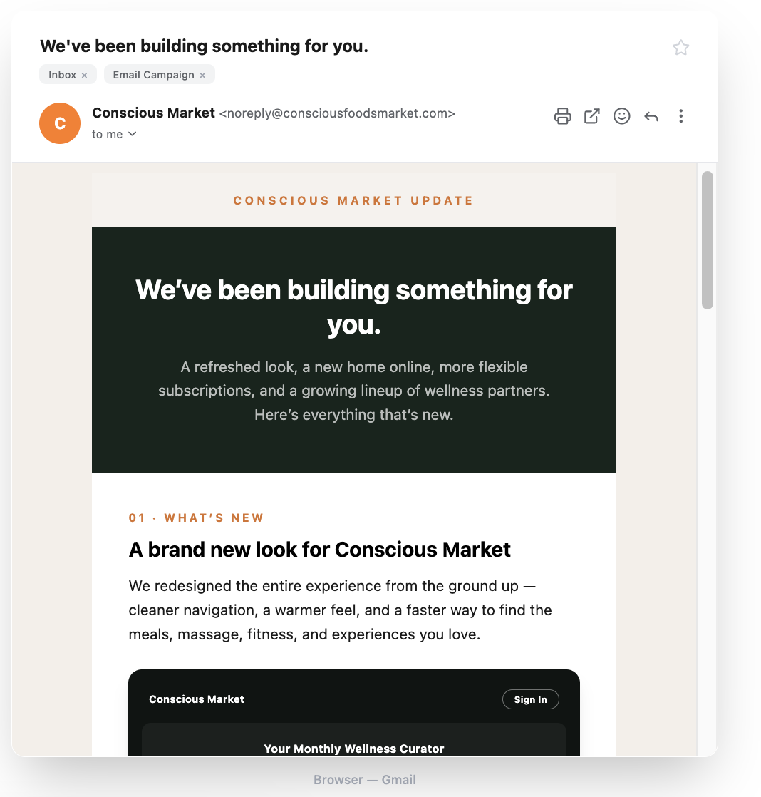 Conscious Market — brand and content email preview